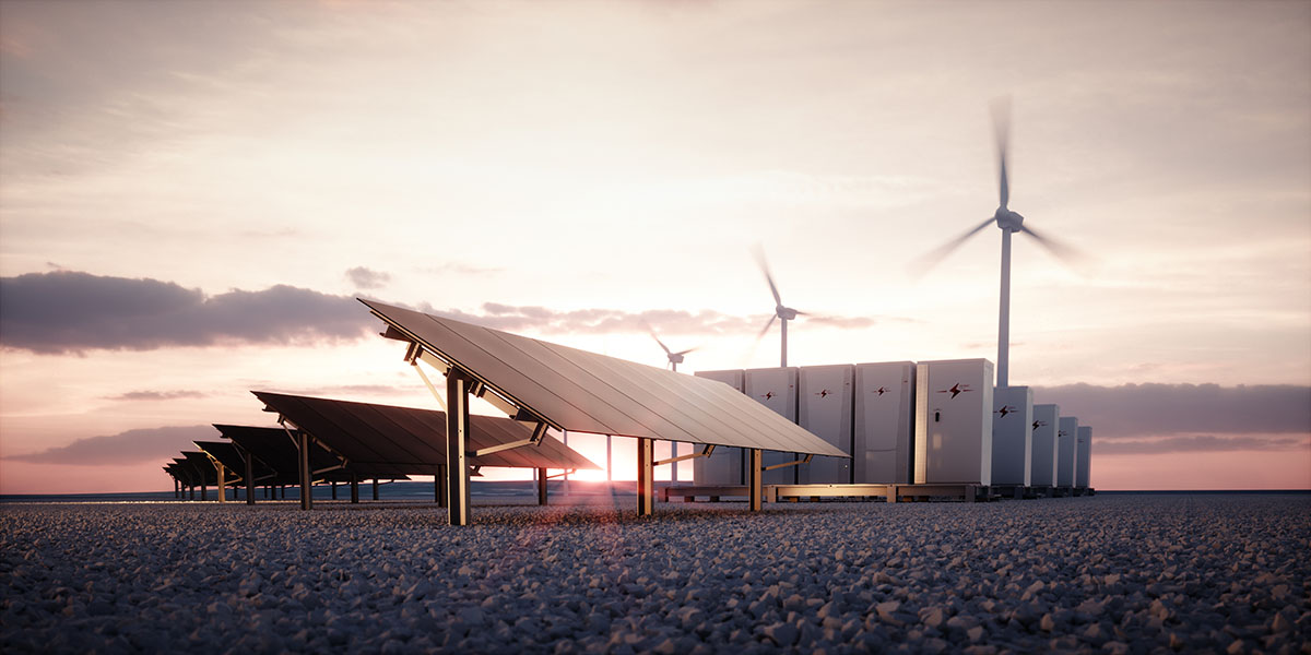 Renewable energy infrastructure with solar panels and wind turbines